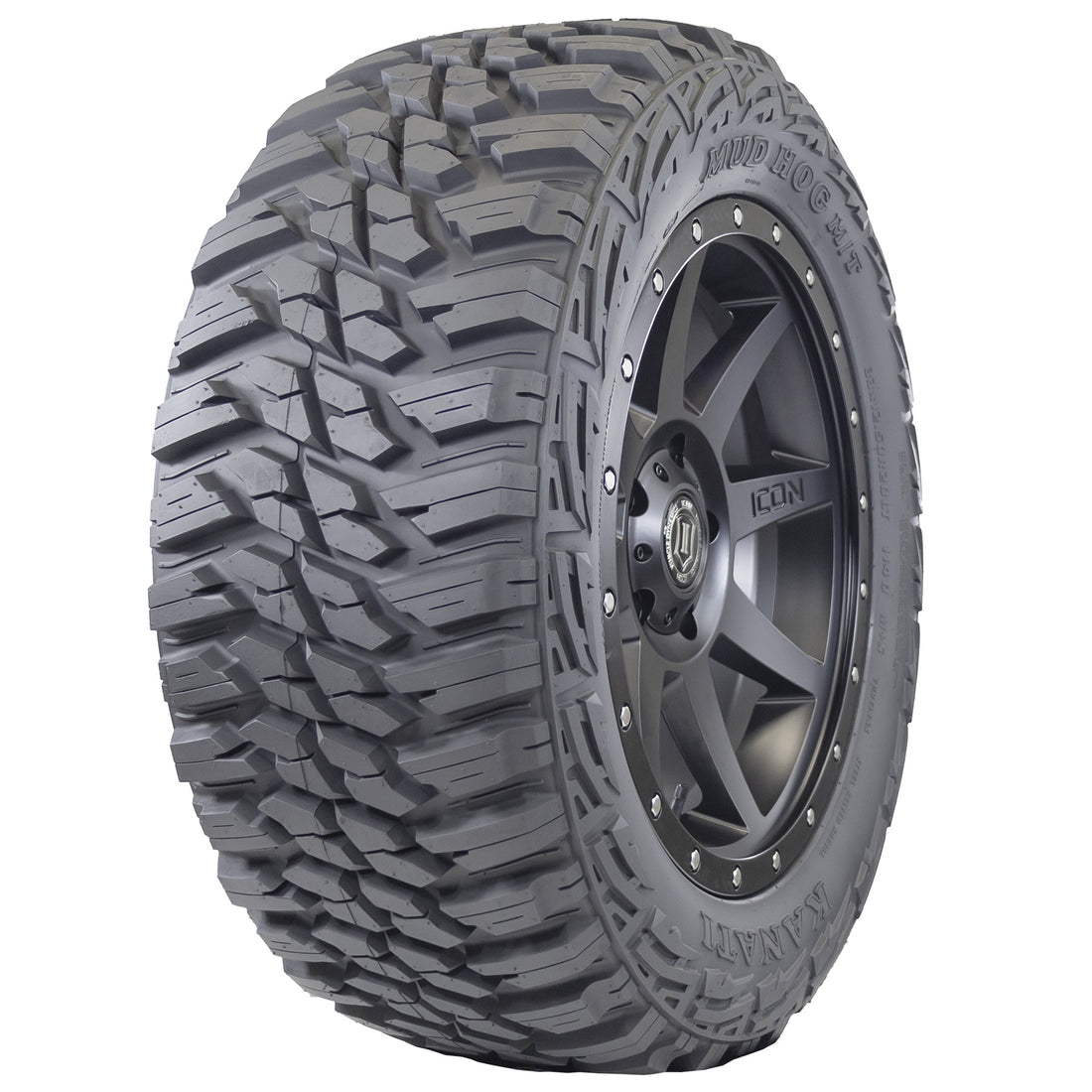 This image prominently displays the Kanati Mud HOG M/T tire's distinctively aggressive tread pattern, designed to deliver exceptional off-road traction. Additionally, it showcases the tire's rugged sidewall pattern, adding both style and durability to the tire's overall appearance.